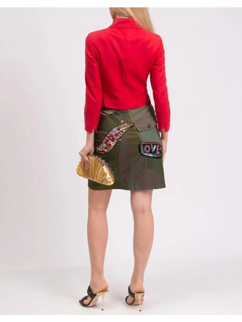 NWT $3769 Dolce & Gabbana Patchwork Rhinestones Pencil Skirt Green Camo Size 0